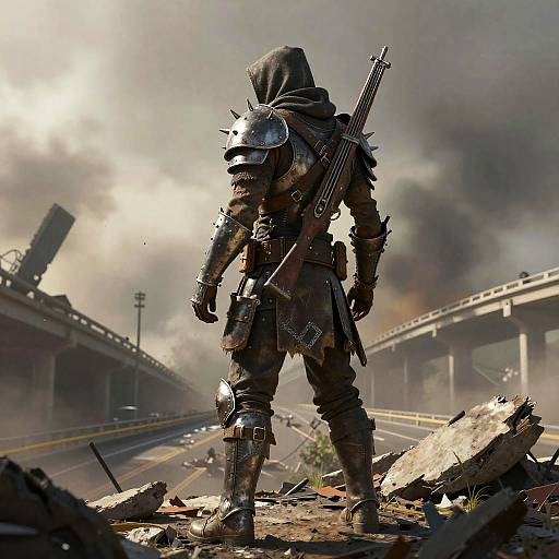 Digital art of a armored, hooded warrior with a rifle, standing in a post-apocalyptic, smoke-filled, ruined railway landscape.