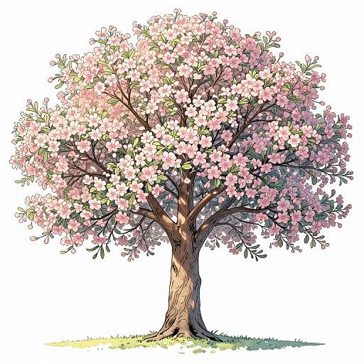 Digital illustration of a blooming cherry tree with pink flowers, brown trunk, and green leaves, set against a white background.