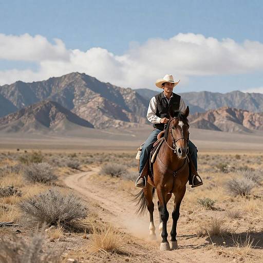 Cowboy Riding Horse in Desert Landscape