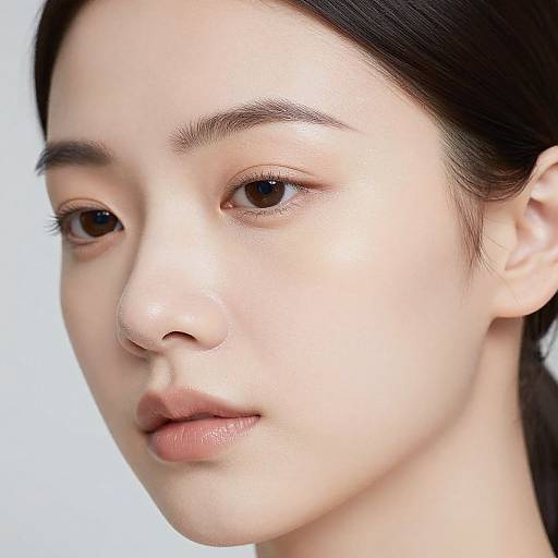 Close-up photograph of an Asian woman with fair skin, dark brown eyes, and straight black hair, looking slightly to the side. Soft lighting highlights her