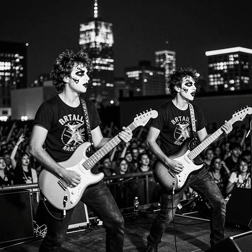 Black-and-white photograph of two male rock musicians with wild hair, wearing 