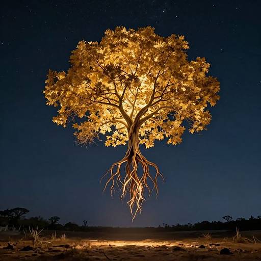 Photograph of a glowing, golden-yellow tree with exposed roots, illuminated against a dark, starry night sky in a desert landscape.