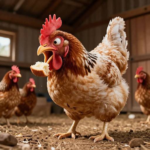 Photograph of a brown and white chicken with a red comb and wattles, pecking at a grain in a dimly lit, wooden barn