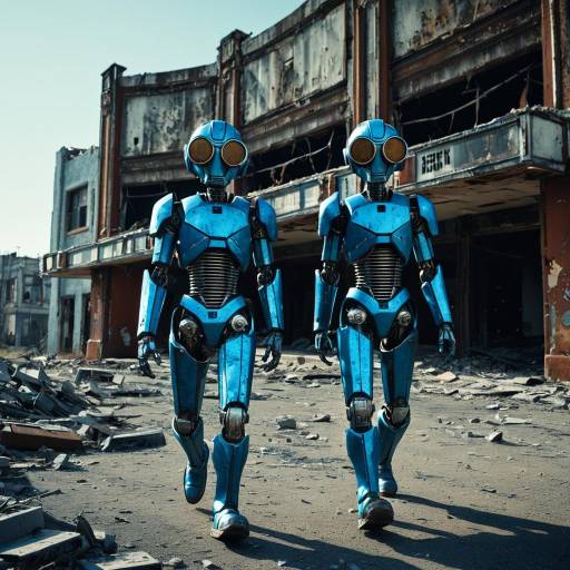 Two Blue Humanoid Robots in Post-Apocalyptic Wasteland