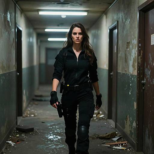 Photograph of a serious, dark-haired woman in black tactical gear and gloves, walking down a dimly lit, dirty, and grimy corridor.