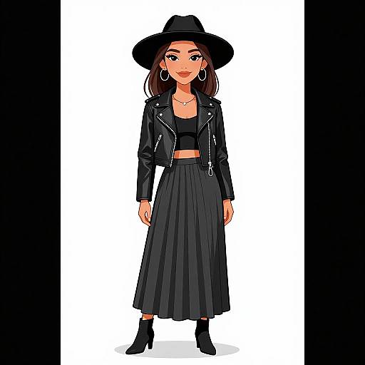 Digital drawing of a stylish woman with medium skin, brown hair, wearing a black hat, leather jacket, crop top, long skirt, and boots.