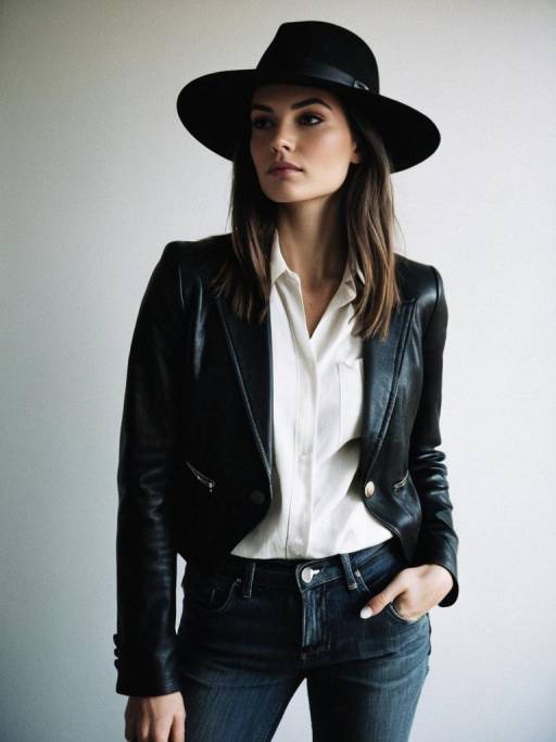 Chic Woman in Leather Blazer and Wide-Brimmed Hat