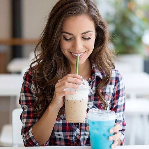 Photograph of a smiling young woman with long brown hair, wearing a red plaid shirt, sipping a bubble tea with a green straw. Background