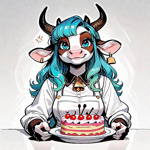 Cute Cow Woman Baking a Cherry Cake