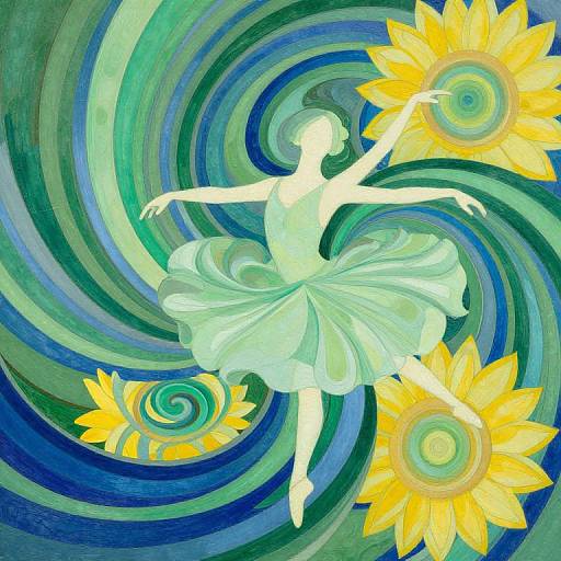 Digital painting of a white ballerina dancing amidst swirling blue-green stripes, with three bright yellow sunflowers in the background.