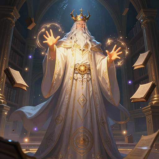 Digital artwork of a regal, white-bearded king with glowing hands, golden crown, and ornate robe, standing in a grand, illuminated cathedral