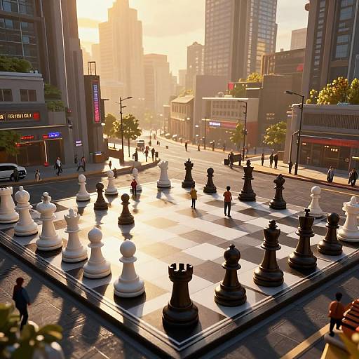 Photorealistic digital artwork of a giant chessboard on a city street at sunset, with chess pieces and people playing. Tall buildings and sunlight in the