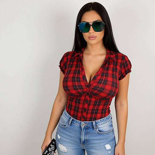 Photograph of a curvy woman with long black hair, wearing oversized sunglasses, red plaid shirt, and distressed blue jeans, holding a black phone