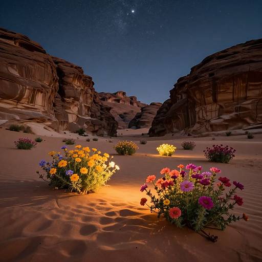 Photograph of a moonlit desert canyon with illuminated wildflowers, orange and yellow lights, surrounded by towering sandstone cliffs and a starry night sky