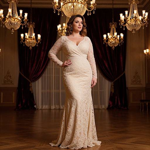 Photograph of a plus-sized woman with curly brown hair in an ivory lace long-sleeve wedding gown, standing confidently in an opulent ballroom
