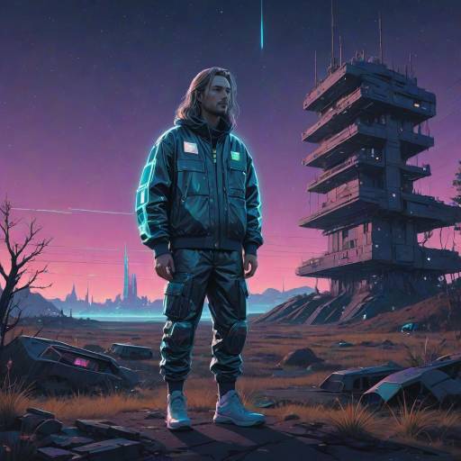 Contemplative Woman in Futuristic Neon Landscape