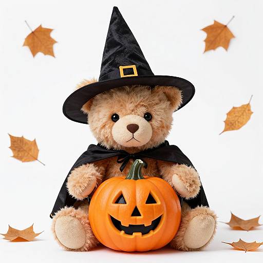 Cute, fluffy teddy bear in a black witch hat and cape, sitting with a carved pumpkin, surrounded by falling autumn leaves.