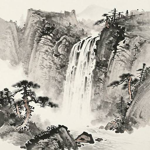 Monochromatic digital drawing of a cascading waterfall between rocky cliffs, surrounded by sparse pine trees, with mist rising from the base.