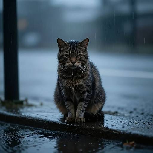 Photograph of a wet, gray tabby cat standing on a rain-soaked sidewalk, looking directly at the camera with a serious expression. Blue,