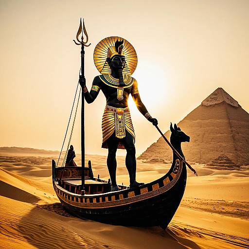 Ra Sun God Statue on Celestial Barque in Egyptian Desert