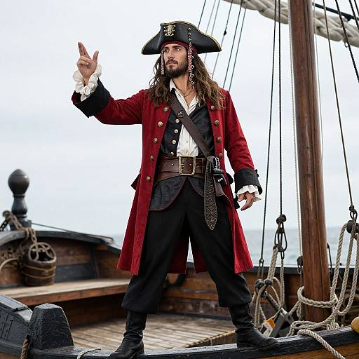 Photograph of a rugged pirate standing on a wooden ship deck, wearing a red coat, black hat, and white shirt, with long hair, raising