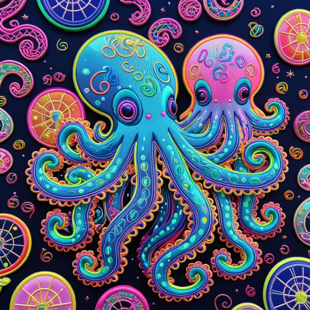 Vibrant Neon Cosmic Octopus Patch Design