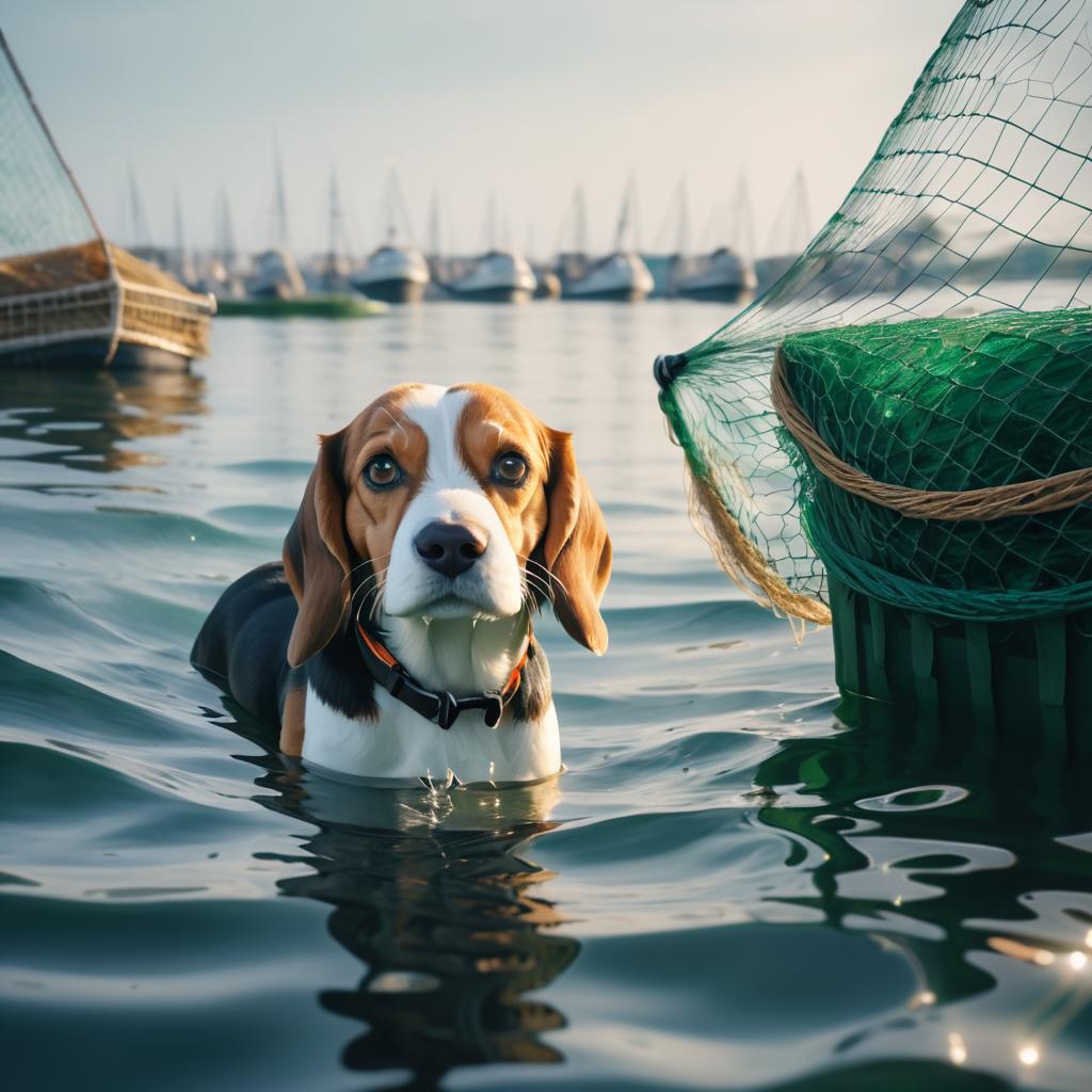 Beagle Retrieving Fishing Nets in Harbor