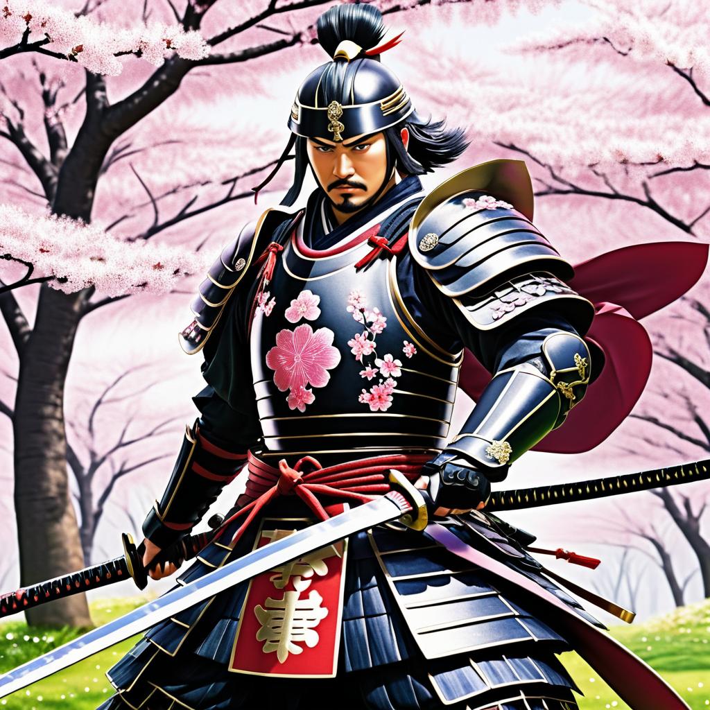 Fierce Samurai in Cherry Blossom Battlefield