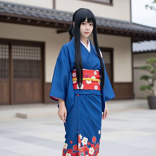 Photograph of an East Asian woman with long black hair wearing a blue kimono with red floral obi, standing in front of traditional Japanese building.
