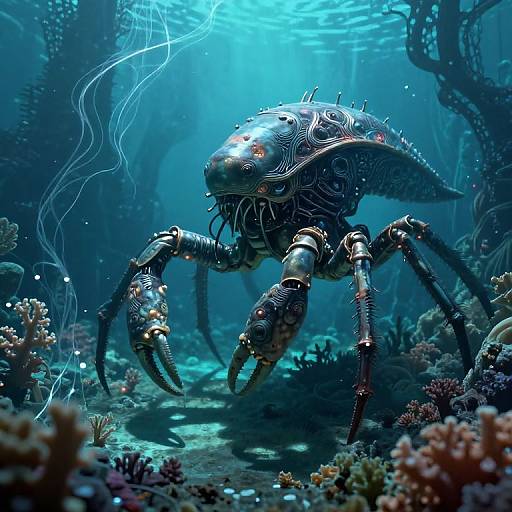 Digital art of a futuristic, robotic crab-like creature with glowing red eyes, intricate metallic patterns, and web-like appendages, swimming in a vibrant,