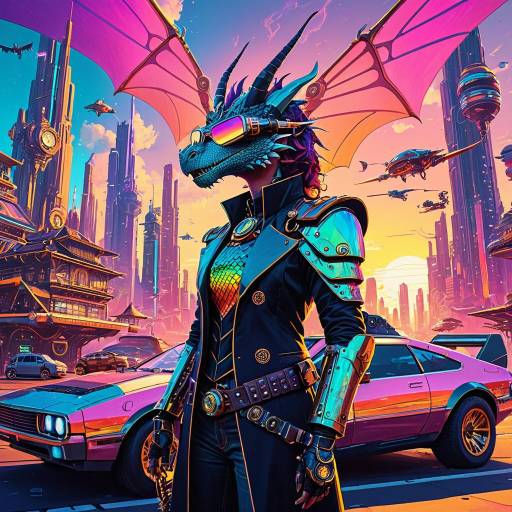 Futuristic Dragon Musician in Neon Sky City