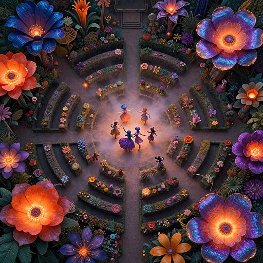 Stylized digital artwork of four silhouetted figures dancing around a glowing fire at the center of a circular garden, surrounded by vibrant, glowing