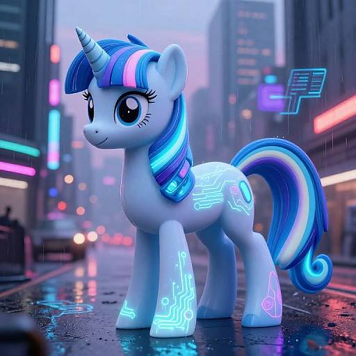 Digital CGI of a glowing blue and purple unicorn with neon circuit patterns, standing in a rainy, neon-lit city street.