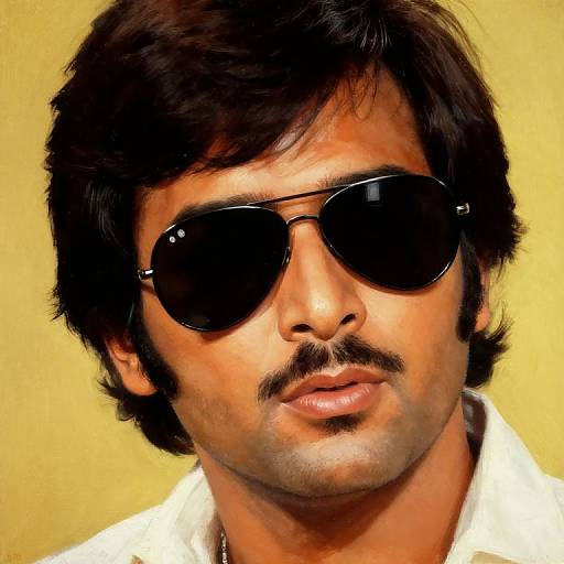 Photograph of a young man with medium brown skin, black wavy hair, mustache, and dark sunglasses, wearing a white shirt against a yellow