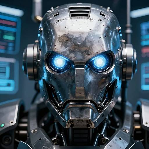 Photorealistic CGI of a metallic, robotic head with glowing blue eyes, futuristic design, and detailed textures, set against a blurred control panel background.