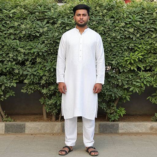 Photograph of a bearded South Asian man with short black hair, wearing a white traditional long kurta and pants, black sandals, standing in front