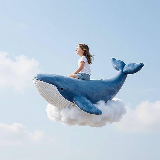 Photograph of a brunette girl in a white shirt and jeans riding a large, blue inflatable whale amidst fluffy white clouds.