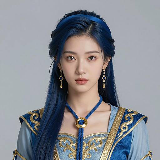Asian Woman in Blue and Gold Regal Costume