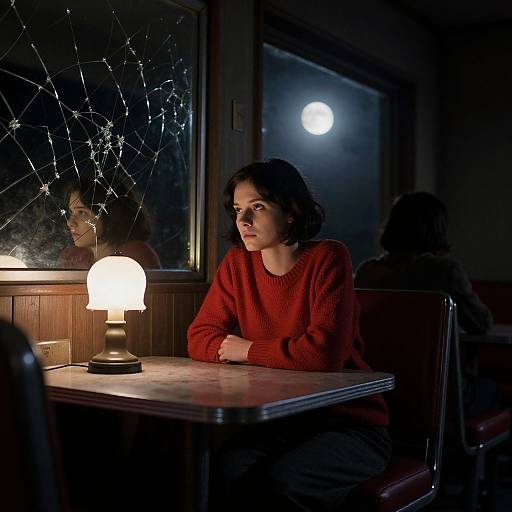 Photograph of a young woman with short dark hair, wearing a red sweater, sitting in a dimly lit diner, illuminated by a small table lamp