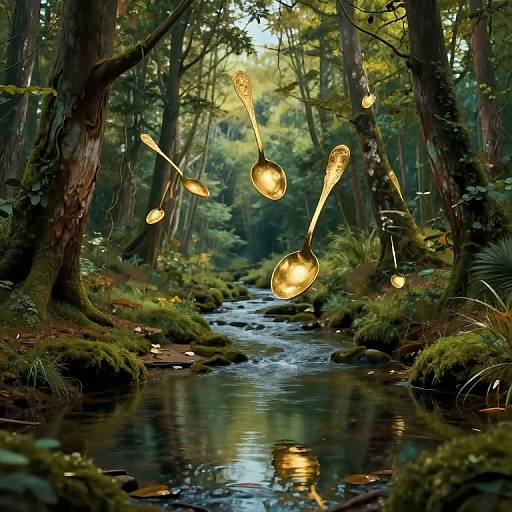Photograph of enchanted forest with glowing, suspended golden spoons over a mossy stream, surrounded by tall trees and lush greenery.