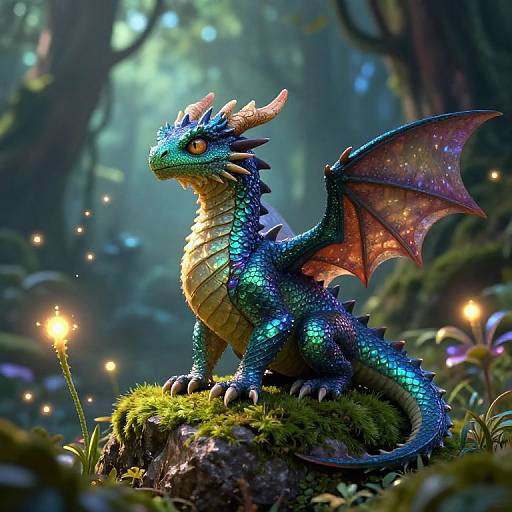 Digital artwork of a vibrant blue, iridescent dragon with glowing wings, standing on a mossy rock in a magical, enchanted forest illuminated by glowing