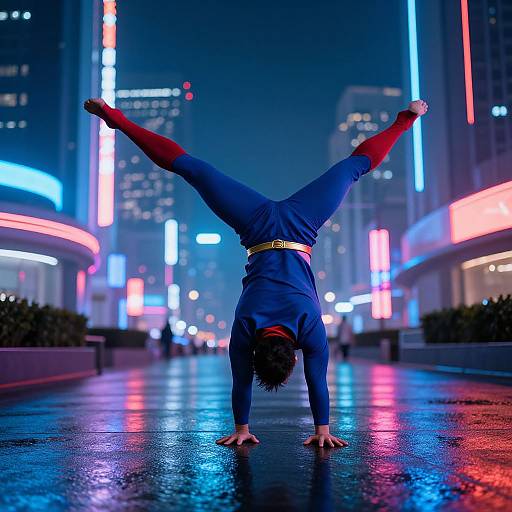 Photograph of a superhero in a blue costume with red leggings, performing a handstand in a neon-lit, rainy city street.