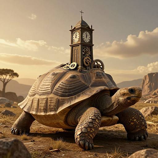 Photorealistic CGI of a giant tortoise with a clock tower on its shell, set in a sunny, rocky desert landscape.