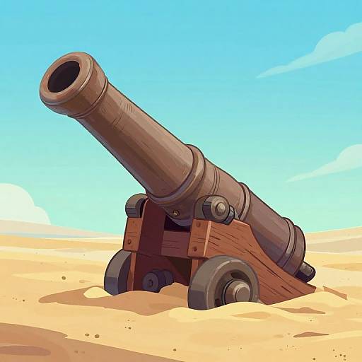 Digital illustration of a large, wooden-wheeled cannon with a long barrel, positioned in a sandy desert under a bright blue sky.