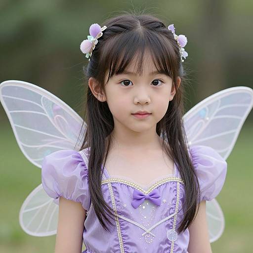 Photograph of an Asian girl with long black hair, wearing a lavender fairy dress with puffed sleeves, flower hairpins, and translucent fairy wings,