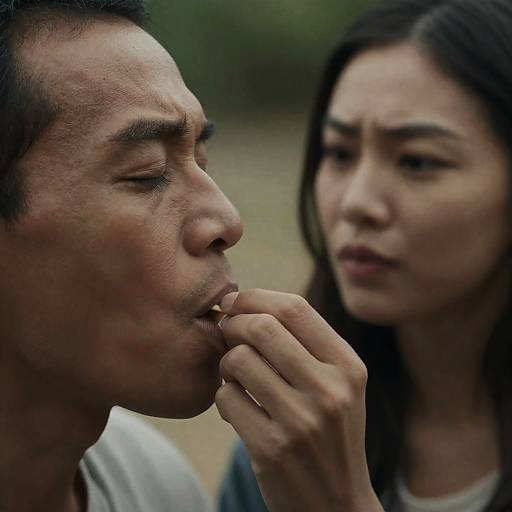 Close-up of Man Sucking Small Object with Woman Watching