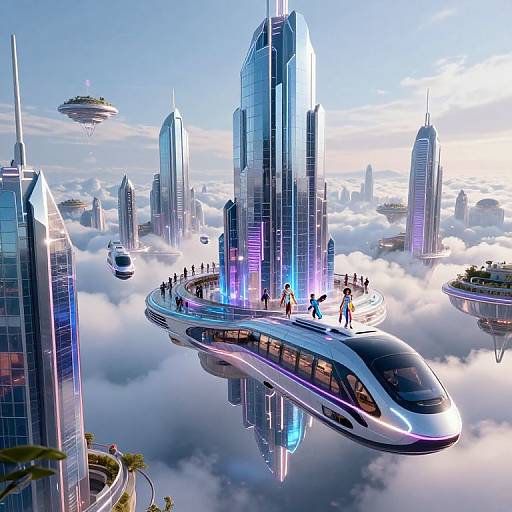 Futuristic Floating City in Clouds