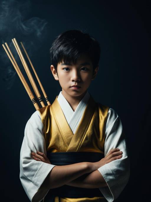 Boy in Traditional Japanese Attire with Chopsticks