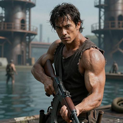 Dystopian Warrior in Industrial Landscape