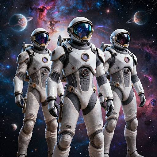 Photorealistic digital artwork of three astronauts in white spacesuits with reflective visors, standing in a vibrant, colorful cosmic background.